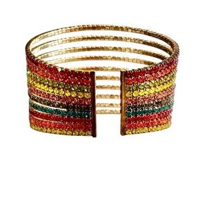 Rainbow Cuff Stretch Bracelet - Rainbow Colored Stones - Gold Tone